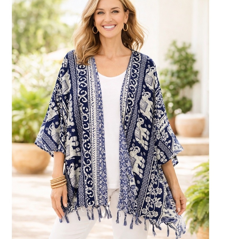 Kathmandu Imports Kimono OS Blue Elephant Print‎ Boho Tassel Fringe Cardigan